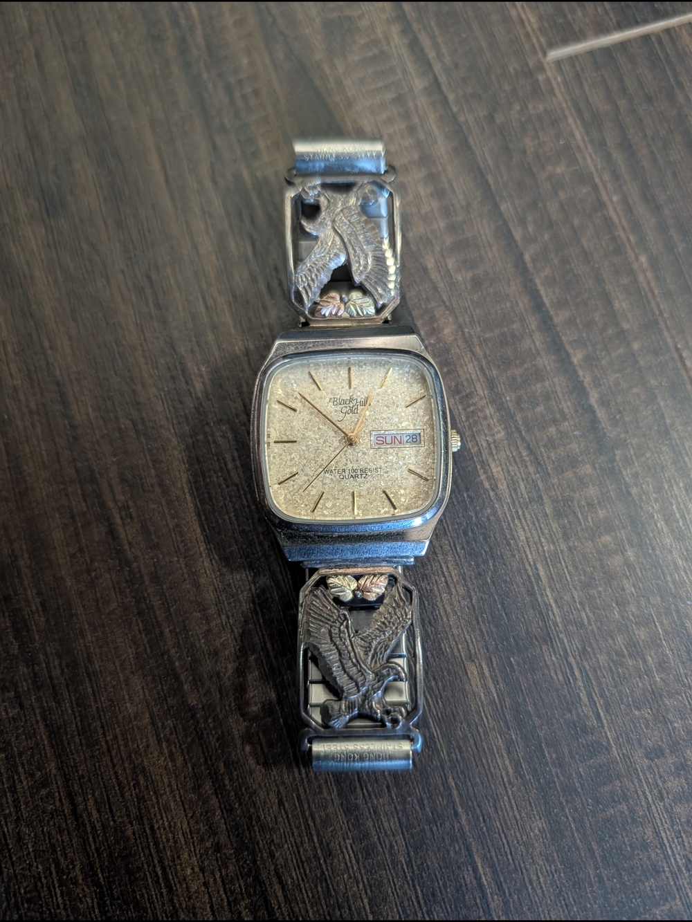 BLACK HILLS GOLD 12k & Sterling Mother Of Pearl Day Date Eagle Band Watch VTG